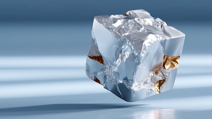Poster - A large piece of silver metal foil appears in an abstract rock form, gently suspended, illuminated by soft natural light above