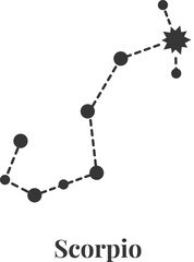 Poster - Minimalist representation of the Scorpio constellation, showing its characteristic scorpion shape through connected dots and dashed lines, with Antares, its brightest star, prominently highlighted