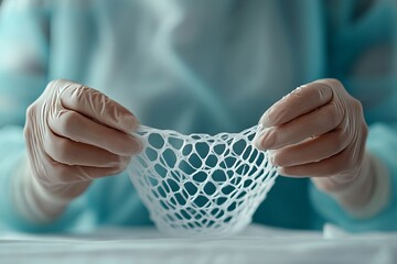 macro of biocompatible mesh being placed in surgical cavity