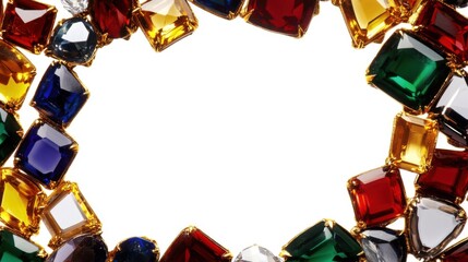 Poster - Colorful Gemstones Arranged in a Circle Frame on White Background Overhead Shot Luxury Jewelry Design Element
