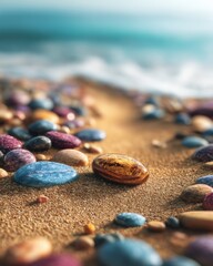 Poster - Colorful pebbles scattered on sandy beach near ocean waves close up nature photography serene coastal scene relaxation