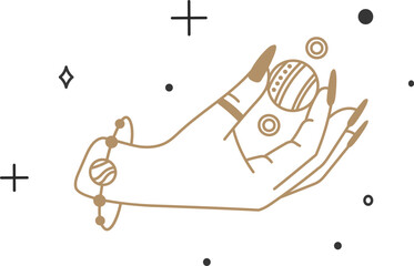 Poster - Golden line art drawing of a hand with long black nails and planet bracelet holding a planet with celestial elements and black dots on a white background