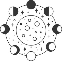 Poster - Minimalist black and white vector illustration of the moon phases rotating around a full moon, symbolizing the cyclical nature of time and celestial bodies