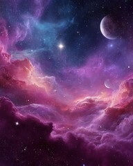 Poster - Majestic view of cosmic nebula with stars and planets in outer space digital art illustration