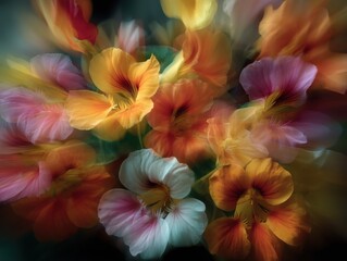 Poster - Abstract floral arrangement of nasturtium flowers in bloom with soft focus and dreamy style