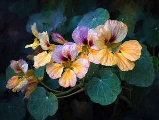 Aufkleber - Artistic nasturtium flower arrangement with painterly style and dark background in a garden setting