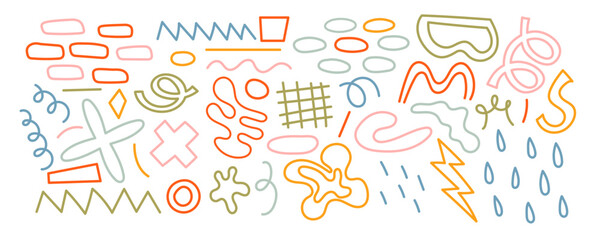 Fototapete - Hand drawn naive, bizarre abstract geometric shapes and forms. Modern contemporary figures, various organic shapes and doodle objects, vector graphic elements