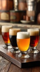 Poster - Craft Beer Flight on Wooden Serving Tray Close Up Studio Shot Variety of Colors and Styles for Tasting Experience