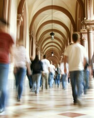 Poster - People Walking Through Arched Hallway, Motion Blur, Low Angle, Architecture, Indoors, Columns, Perspective
