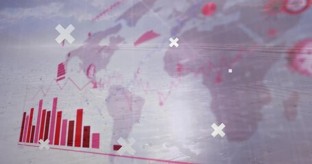 Poster - Translucent world map overlay hovering over sandy shoreline showing red bar chart and white Xs