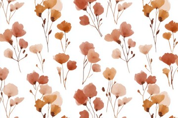 Poster - Watercolor Floral Pattern Repeat Seamless Delicate Brown Orange Flowers on White Background Artistic Style