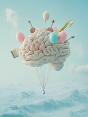 Poster - Creative brain concept with colorful elements signifying ideas and innovation against a soft blue background