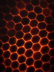Poster - Abstract Glowing Hexagon Grid Pattern Background in Dark Orange and Black, Close-Up Perspective, Modern Tech Design