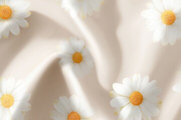 Poster - Daisies on Beige Silk Fabric Background Top View Floral Pattern Gentle Light Delicate Beauty Aesthetic