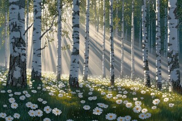 Wall Mural - sunrise in a birch forest, a field of daisies