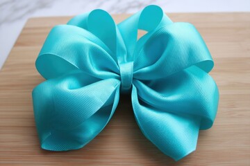 Poster - Close up of a bright turquoise ribbon bow on a wood surface studio shot for crafts and fashion accessories gift wrap