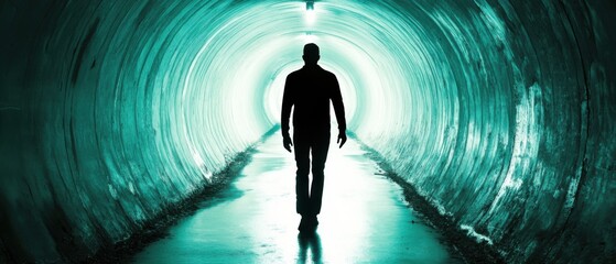 Poster - Man Silhouette Walking Through Concrete Tunnel Toward Light at End Perspective View Teal Color Cast Mystery Hope Future