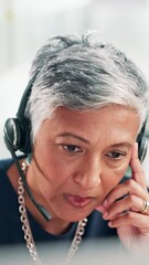 Aufkleber - Tired, headache and call center with business woman for customer support, debt review or virtual financial advisor. Contact us, fatigue and frustrated account consultant as mature person in office