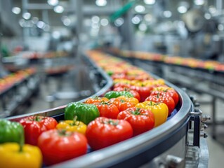 Poster - Tomatoes and Peppers on Conveyor Belt in Food Processing Plant Eye Level View of Automated System