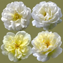 Aufkleber - Four White Roses Blossom in Full Bloom Close Up Studio Shot on Olive Green Background Floral Arrangement