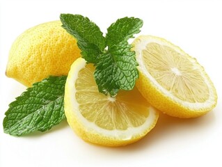 Poster - Fresh Lemons and Mint Leaves Still Life on White Background Close Up Studio Shot Bright Lighting Food Photography