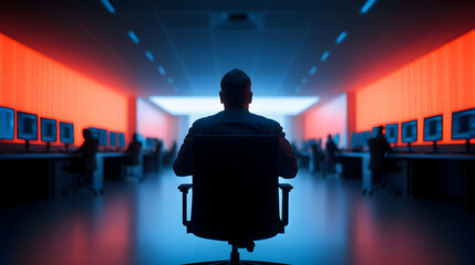 Silhouette of Man in Red and Blue Lit Office with Computer Screens