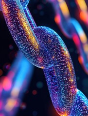 Poster - Digital blockchain technology concept close up with glowing nodes and colorful lights shining in a dark environment macro shot