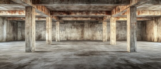 Poster - Concrete Interior Perspective in Industrial Hall with Columns and Beams in Grunge Style Architecture