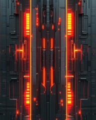 Poster - Futuristic dark metal paneling with glowing red lines and accents, abstract technology background, symmetrical design, close-up