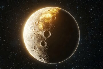 Poster - Dramatic close up of the Moon with craters and bright sunlight in dark space with stars digital illustration