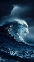 Poster - Dramatic ocean wave cresting with power under stormy sky vertical composition nature photography