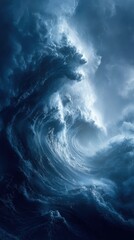 Poster - Powerful ocean wave crashing in a dramatic seascape view from below with moody blue tones and dynamic water movement