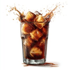 Poster - Refreshing cola drink with ice cubes splashing in a glass studio shot on white background perfect for summer refreshment