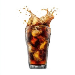 Poster - Refreshing cola drink with ice cubes splashing in a tall glass isolated on white background studio shot with dynamic action