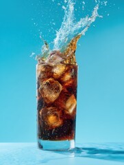 Poster - Refreshing cola splash in glass with ice cubes against blue backdrop studio shot for summer drink concept