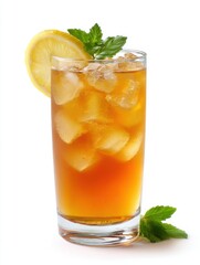 Poster - Refreshing iced tea drink in tall glass with lemon slice and mint leaves on white background studio shot