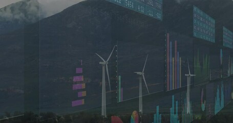 Poster - Wind turbines rotating on grassy plain, displaying translucent data charts over mountain slope