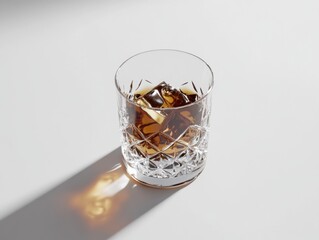 Poster - Whiskey in a crystal glass with ice cubes on a white surface high angle still life studio shot