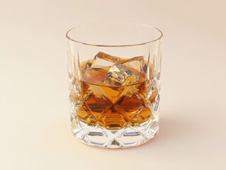 Poster - Whiskey glass with ice cubes close up shot on beige background studio shot crystal glass with diamond pattern