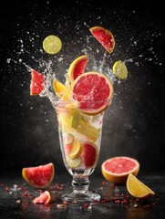 Poster - Citrus fruit slices splashing in glass studio shot against dark backdrop high speed photography refreshing drink