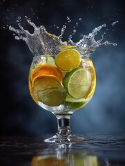 Poster - Citrus Fruit Slices in Glass with Water Splash Studio Shot Refreshing Drink Close Up Still Life