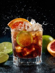 Poster - Refreshing Cuba Libre Cocktail Close Up with Lime and Grapefruit Garnish and Splashing Water on Dark Background Studio Shot