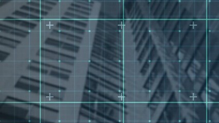 Poster - Turquoise grid overlaying blurred building facade, showing square nodes plus markers in flat design