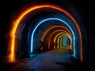 Poster - Colorful glowing neon lights illuminate dark tunnel perspective view of concrete architecture underground passage in urban exploration adventure