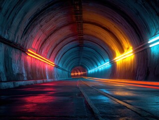 Poster - Abstract Tunnel Perspective with Dynamic Light Streaks and Vivid Color Contrasts in Urban Underground Location