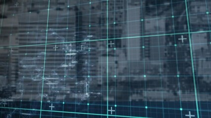 Aufkleber - Turquoise grid floating over blurred skyline, showing square nodes and circuit traces