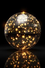 Poster - Disco Ball Shines with Gold Light on Black Background Studio Shot Reflecting Dance Party Celebration