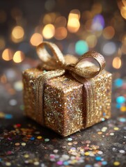 Poster - Glittering gold gift box with ribbon and bokeh lights close up festive holiday celebration present surprise
