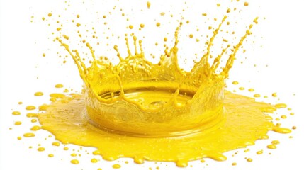 Poster - Dynamic Yellow Paint Splash on White Backdrop High Speed Photography Liquid Art Creative Expression Color Burst Abstract Design Studio Shot