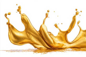 Poster - Golden liquid splash on white background studio shot abstract design element luxury concept shiny fluid motion